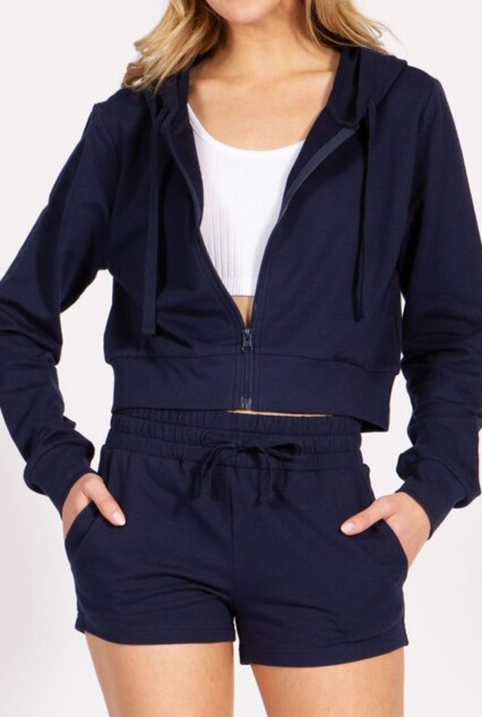 Women's Cropped Zip Up French Terry Hooded Jacket - FashionJOA