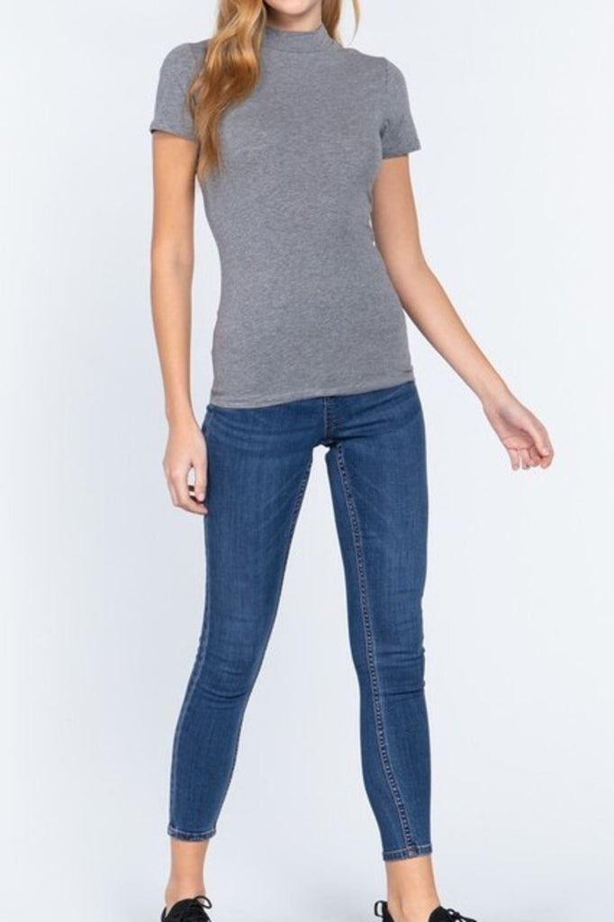 Women's Short Sleeve Mock Neck Cotton Spandex Jersey Top - FashionJOA