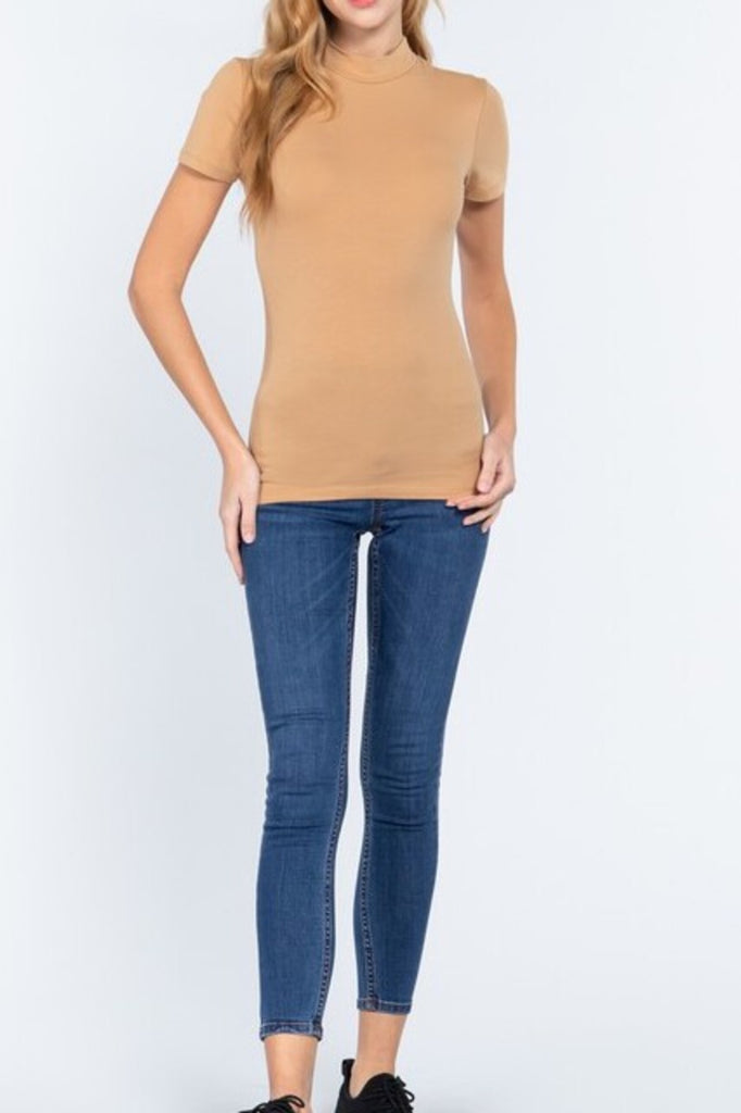 Women's Short Sleeve Mock Neck Cotton Spandex Jersey Top - FashionJOA