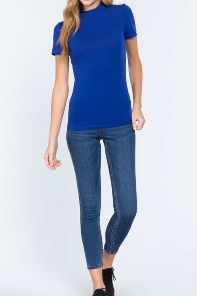 Women's Short Sleeve Mock Neck Cotton Spandex Jersey Top - FashionJOA