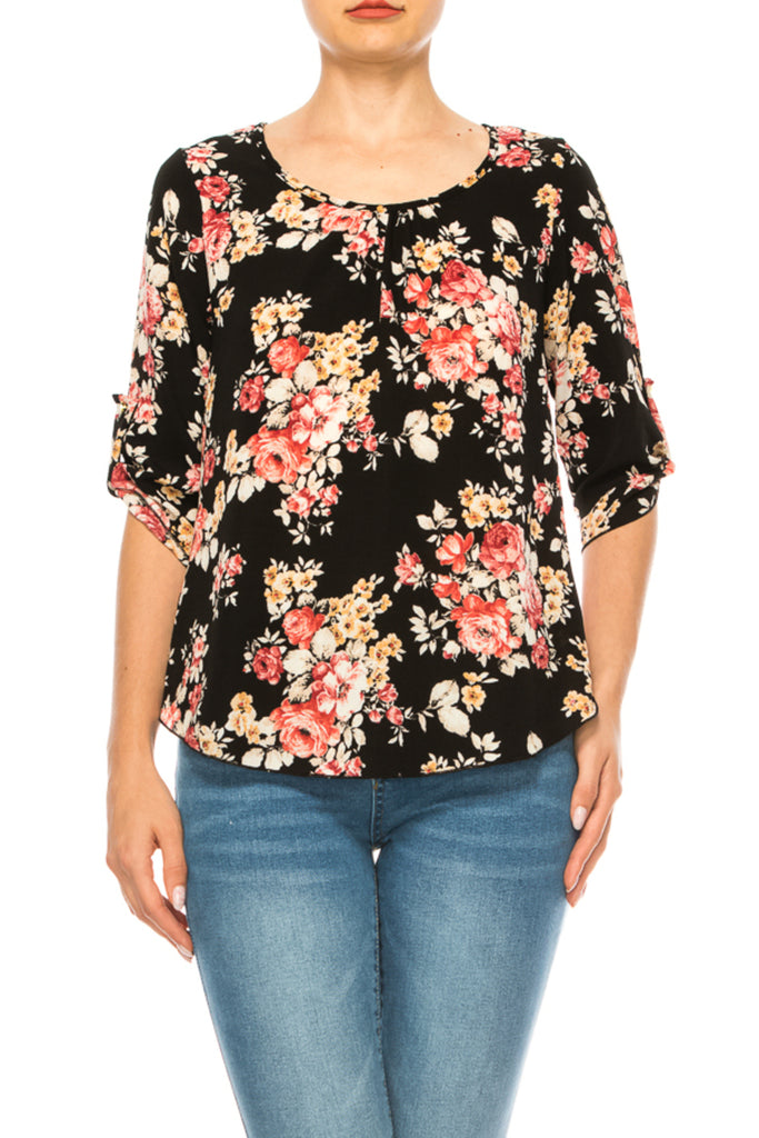 Women's Floral Print Round Neck Roll Tab Sleeve Blouse Top - FashionJOA