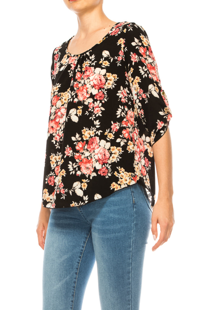 Women's Floral Print Round Neck Roll Tab Sleeve Blouse Top - FashionJOA
