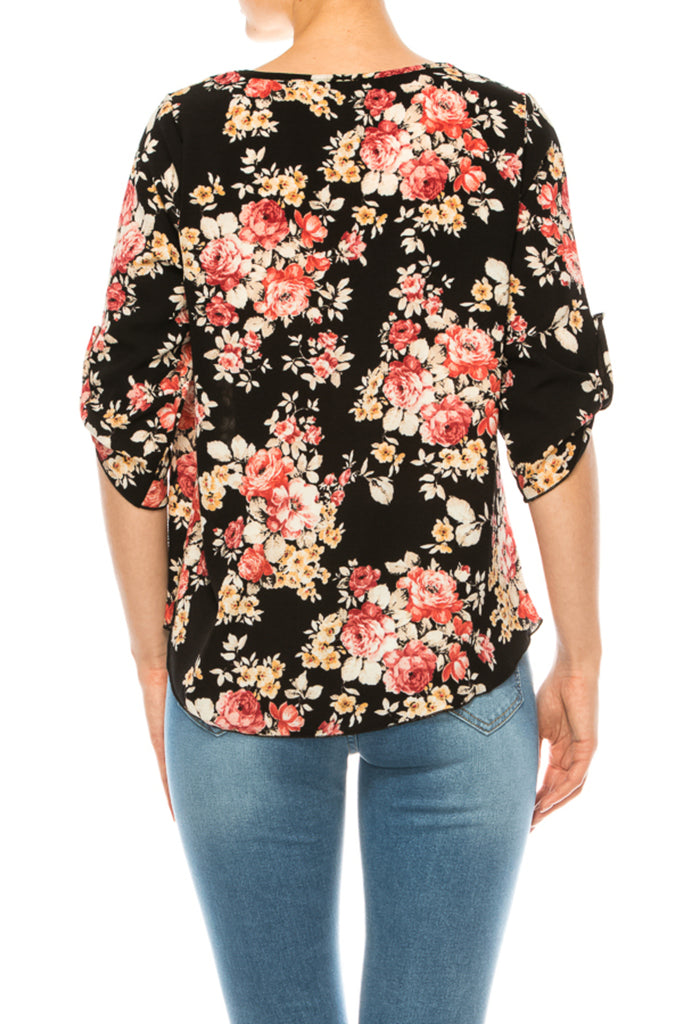Women's Floral Print Round Neck Roll Tab Sleeve Blouse Top - FashionJOA