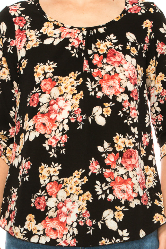 Women's Floral Print Round Neck Roll Tab Sleeve Blouse Top - FashionJOA