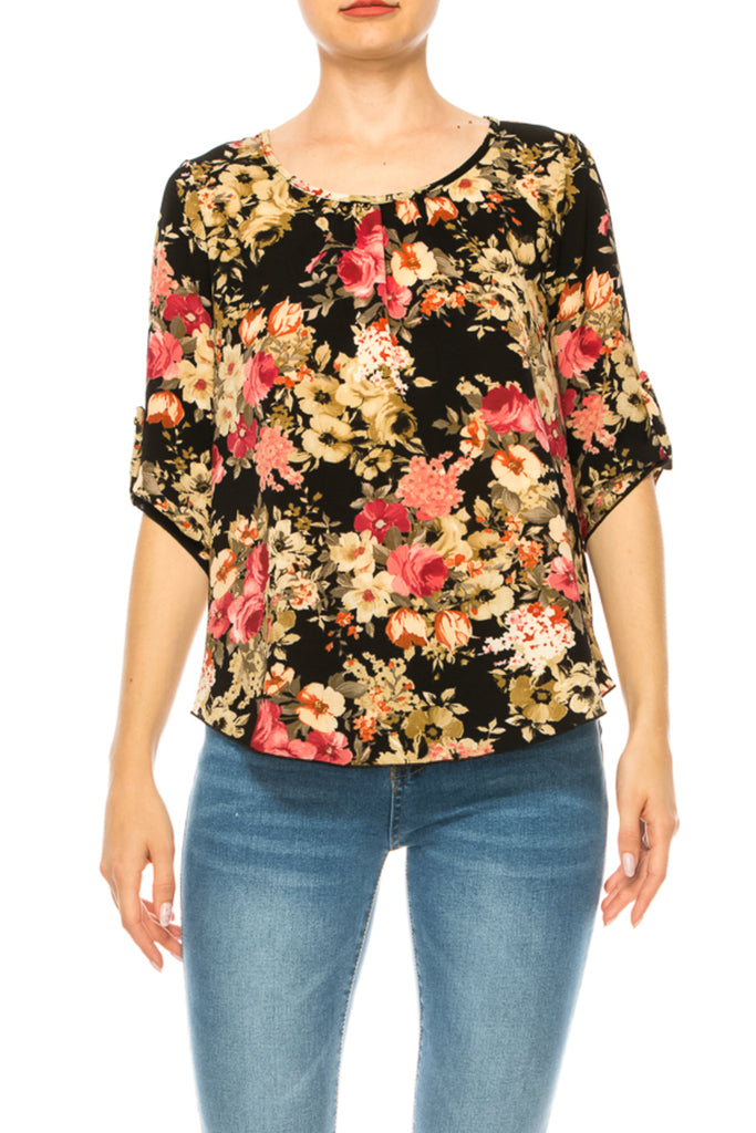 Women's Floral Print Round Neck Roll Tab Sleeve Blouse Top - FashionJOA