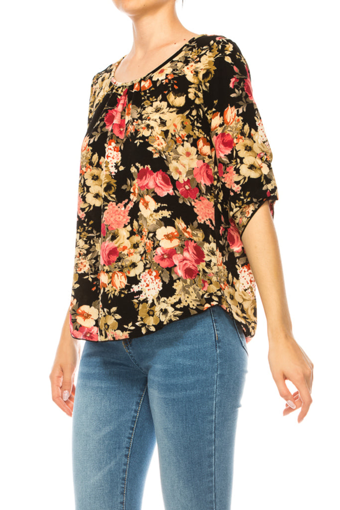 Women's Floral Print Round Neck Roll Tab Sleeve Blouse Top - FashionJOA