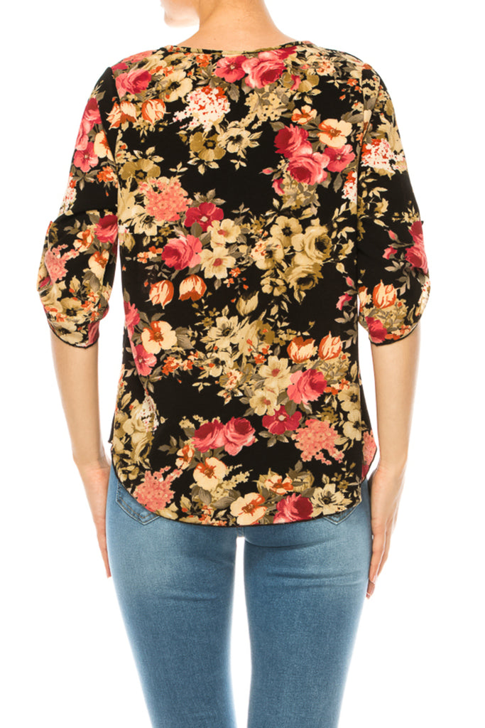 Women's Floral Print Round Neck Roll Tab Sleeve Blouse Top - FashionJOA