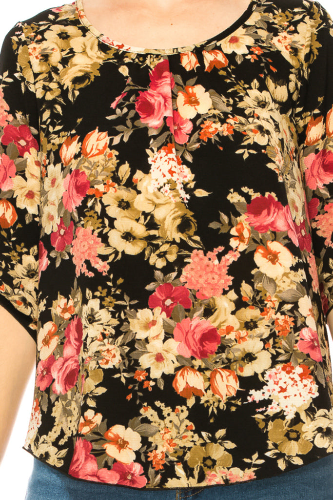 Women's Floral Print Round Neck Roll Tab Sleeve Blouse Top - FashionJOA