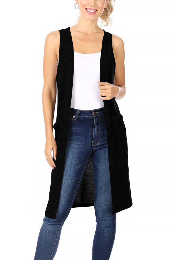 Women's Casual Solid Long  Sleeveless Side Pockets Knit Vest - FashionJOA