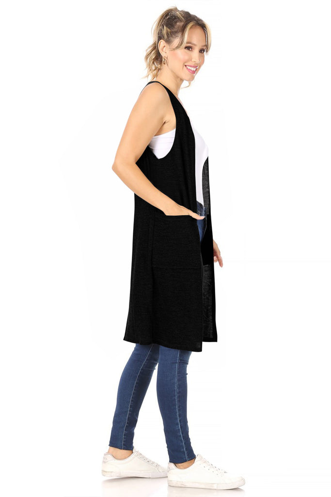 Women's Casual Solid Long  Sleeveless Side Pockets Knit Vest - FashionJOA