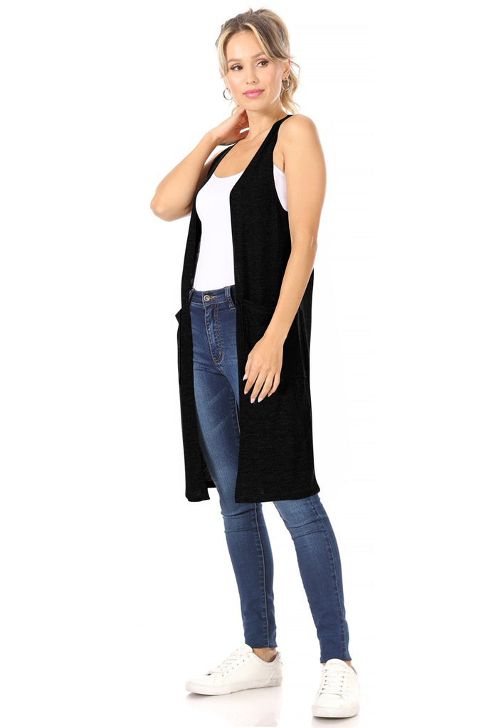 Women's Casual Solid Long  Sleeveless Side Pockets Knit Vest - FashionJOA