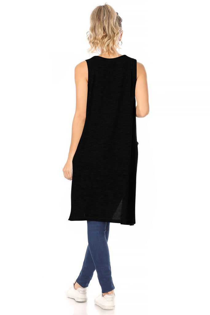 Women's Casual Solid Long  Sleeveless Side Pockets Knit Vest - FashionJOA