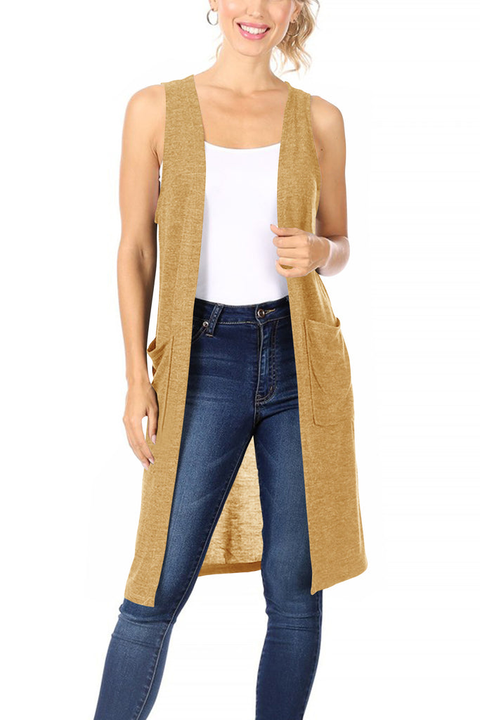 Women's Casual Solid Long  Sleeveless Side Pockets Knit Vest - FashionJOA