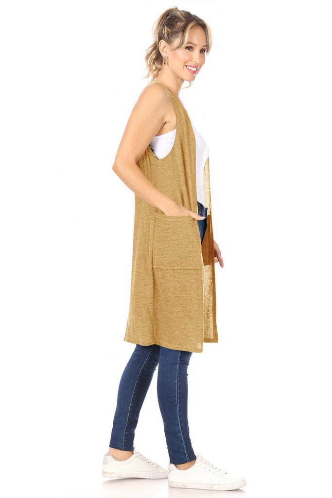 Women's Casual Solid Long  Sleeveless Side Pockets Knit Vest - FashionJOA