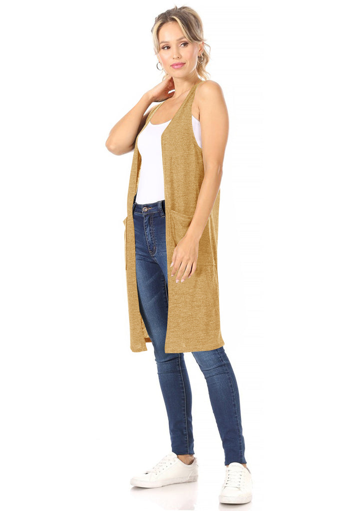 Women's Casual Solid Long  Sleeveless Side Pockets Knit Vest - FashionJOA