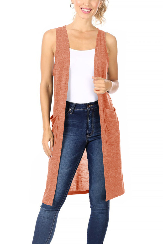 Women's Casual Solid Long  Sleeveless Side Pockets Knit Vest - FashionJOA