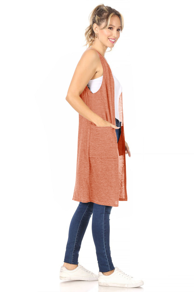 Women's Casual Solid Long  Sleeveless Side Pockets Knit Vest - FashionJOA