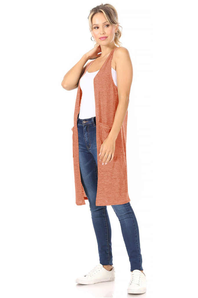 Women's Casual Solid Long  Sleeveless Side Pockets Knit Vest - FashionJOA