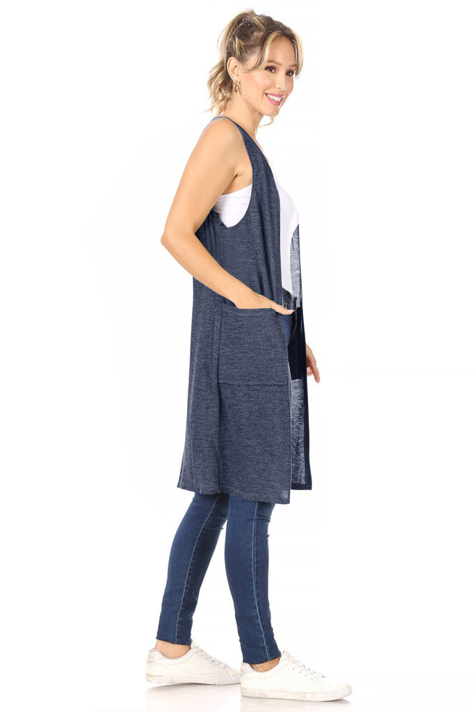 Women's Casual Solid Long  Sleeveless Side Pockets Knit Vest - FashionJOA