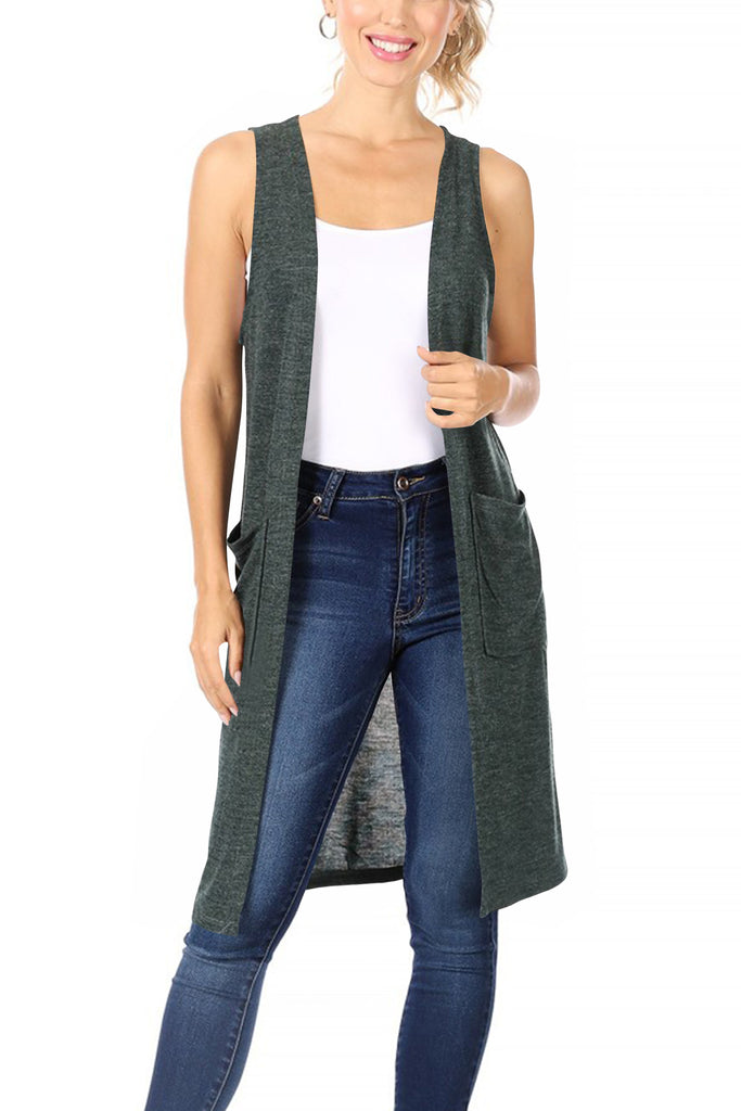 Women's Casual Solid Long  Sleeveless Side Pockets Knit Vest - FashionJOA