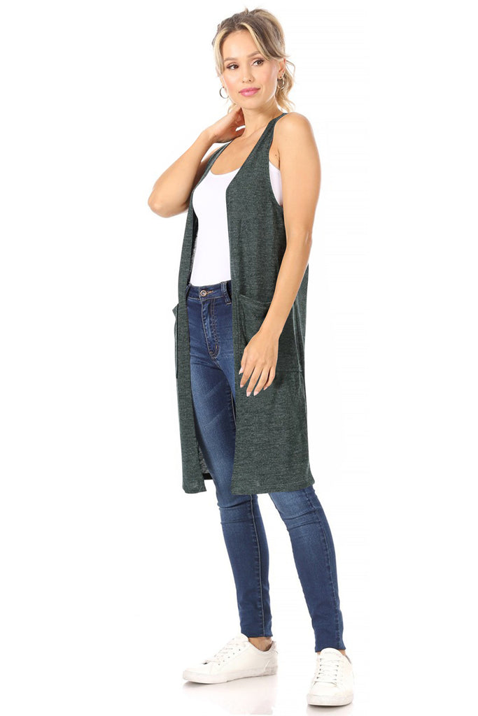 Women's Casual Solid Long  Sleeveless Side Pockets Knit Vest - FashionJOA