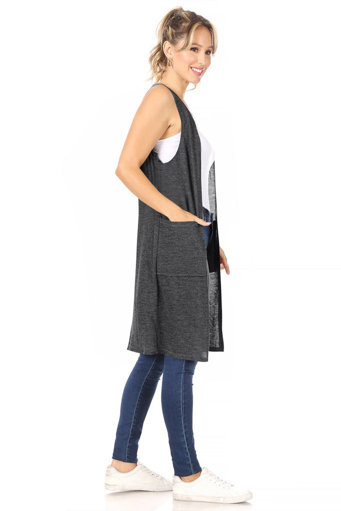 Women's Casual Solid Long  Sleeveless Side Pockets Knit Vest - FashionJOA