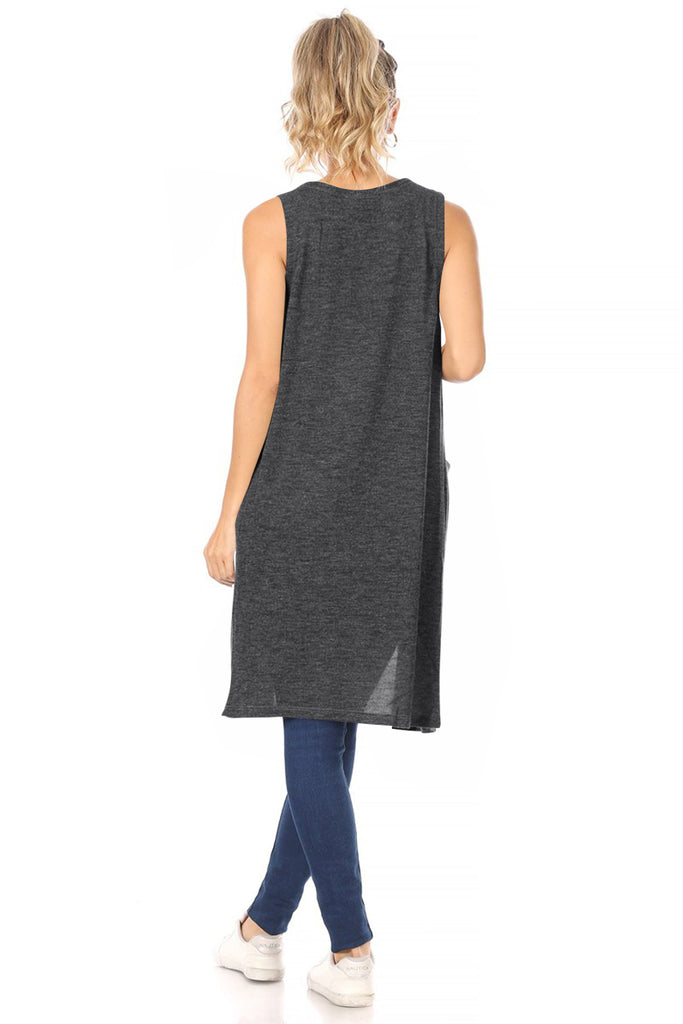 Women's Casual Solid Long  Sleeveless Side Pockets Knit Vest - FashionJOA