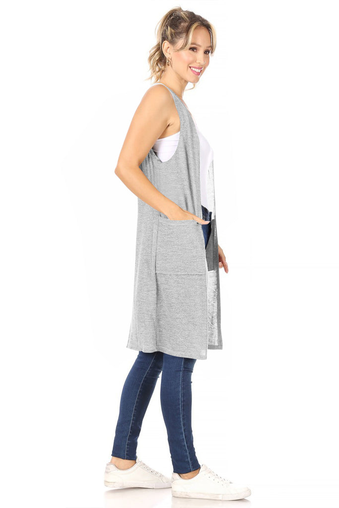 Women's Casual Solid Long  Sleeveless Side Pockets Knit Vest - FashionJOA