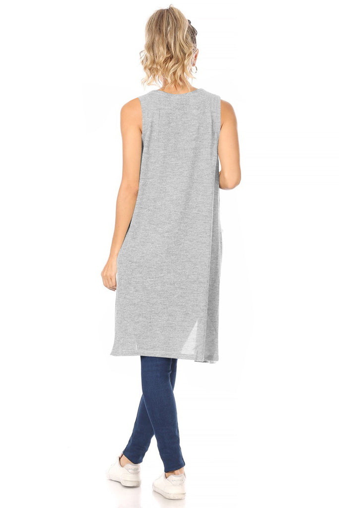 Women's Casual Solid Long  Sleeveless Side Pockets Knit Vest - FashionJOA