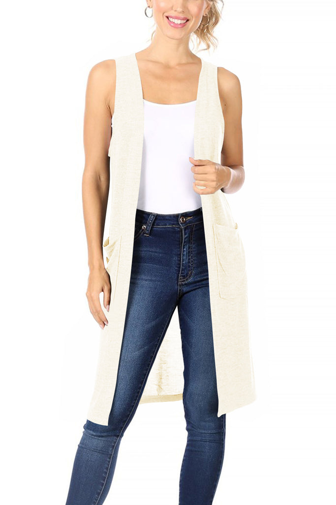 Women's Casual Solid Long  Sleeveless Side Pockets Knit Vest - FashionJOA