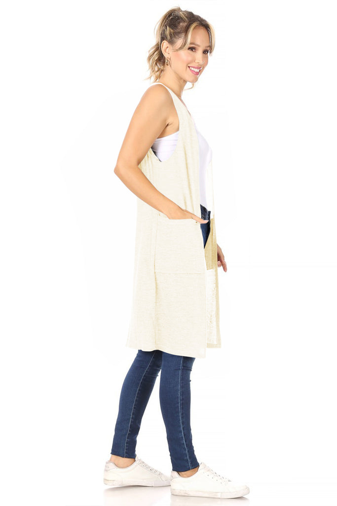 Women's Casual Solid Long  Sleeveless Side Pockets Knit Vest - FashionJOA