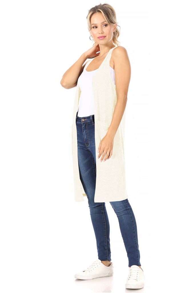 Women's Casual Solid Long  Sleeveless Side Pockets Knit Vest - FashionJOA