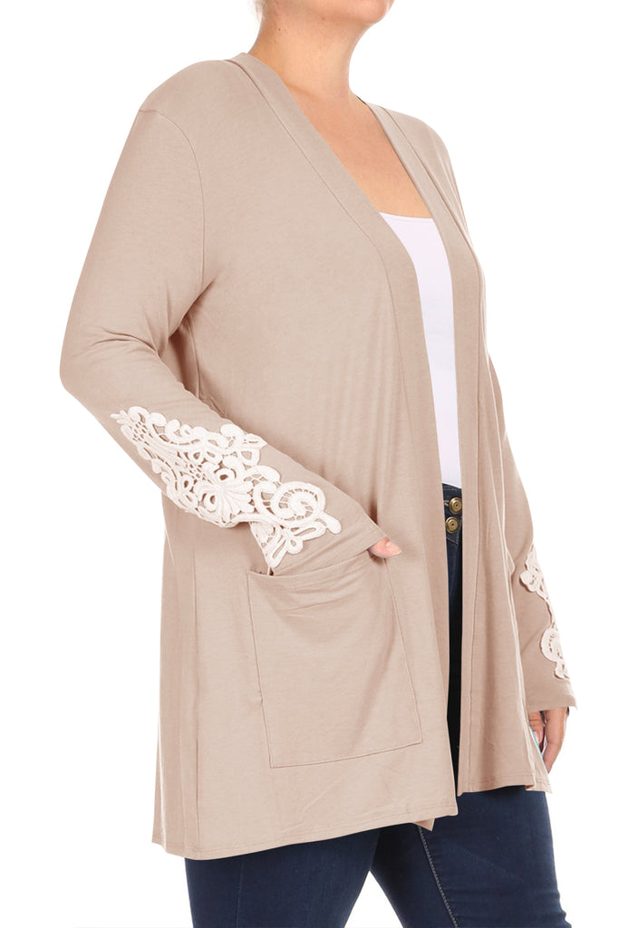 Women's Plus Size Lightweight Solid Long Sleeves Lace Patches Pockets Cardigan XL-3XL - FashionJOA