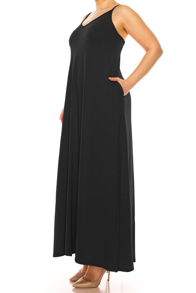 Women's Plus Size Casual Loose V-neck Sleeveless Long Cami Maxi Dress With Side Pocket - FashionJOA