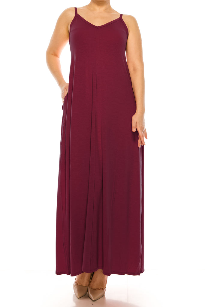 Women's Plus Size Casual Loose V-neck Sleeveless Long Cami Maxi Dress With Side Pocket - FashionJOA