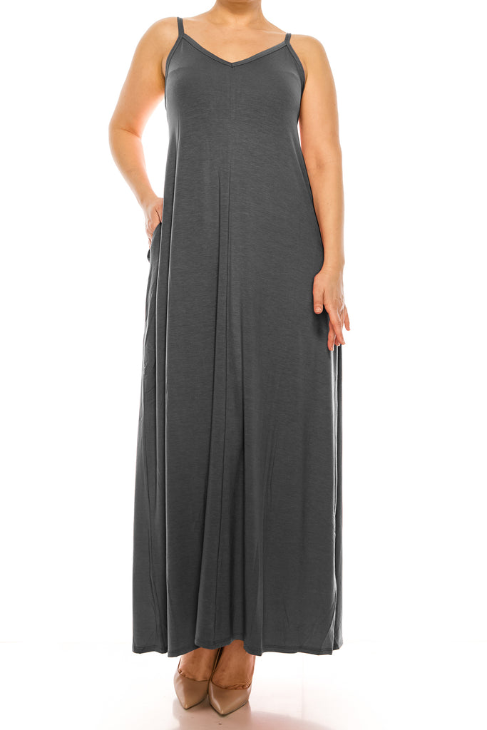 Women's Plus Size Casual Loose V-neck Sleeveless Long Cami Maxi Dress With Side Pocket - FashionJOA