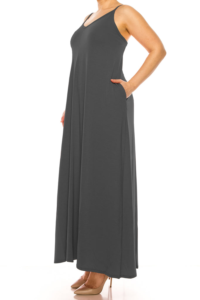 Women's Plus Size Casual Loose V-neck Sleeveless Long Cami Maxi Dress With Side Pocket - FashionJOA