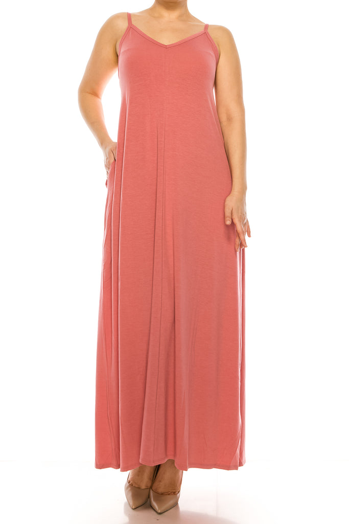 Women's Plus Size Casual Loose V-neck Sleeveless Long Cami Maxi Dress With Side Pocket - FashionJOA