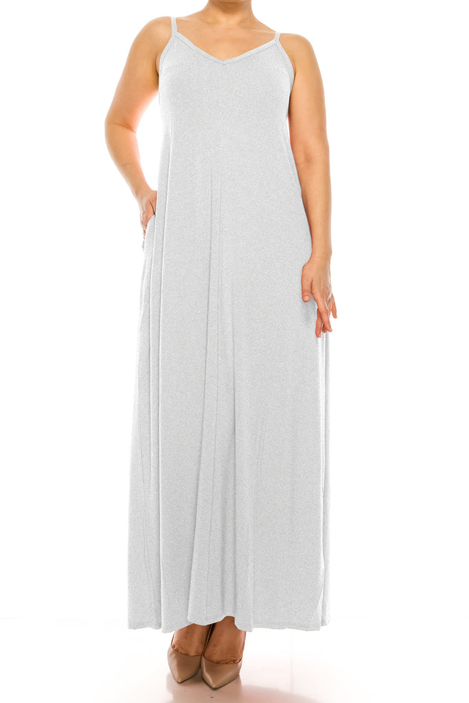 Women's Plus Size Casual Loose V-neck Sleeveless Long Cami Maxi Dress With Side Pocket - FashionJOA