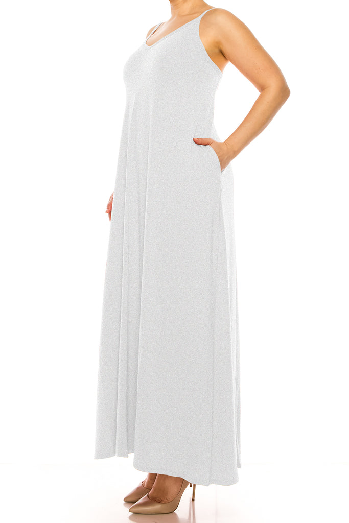 Women's Plus Size Casual Loose V-neck Sleeveless Long Cami Maxi Dress With Side Pocket - FashionJOA