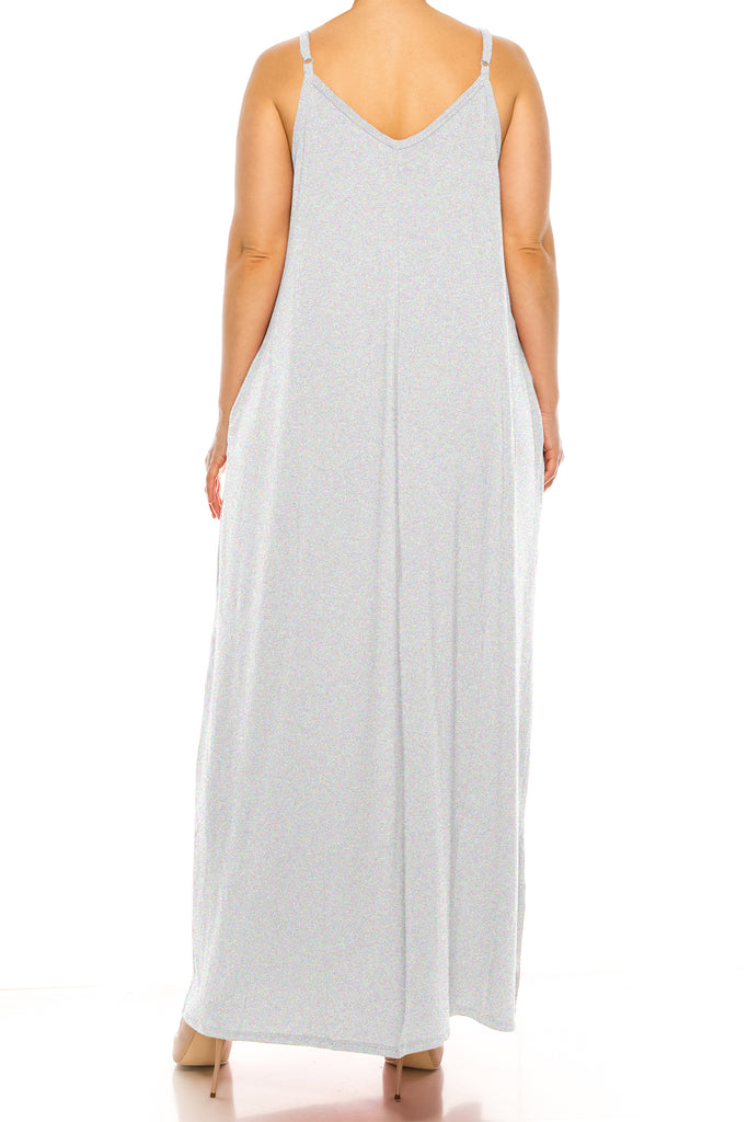 Women's Plus Size Casual Loose V-neck Sleeveless Long Cami Maxi Dress With Side Pocket - FashionJOA