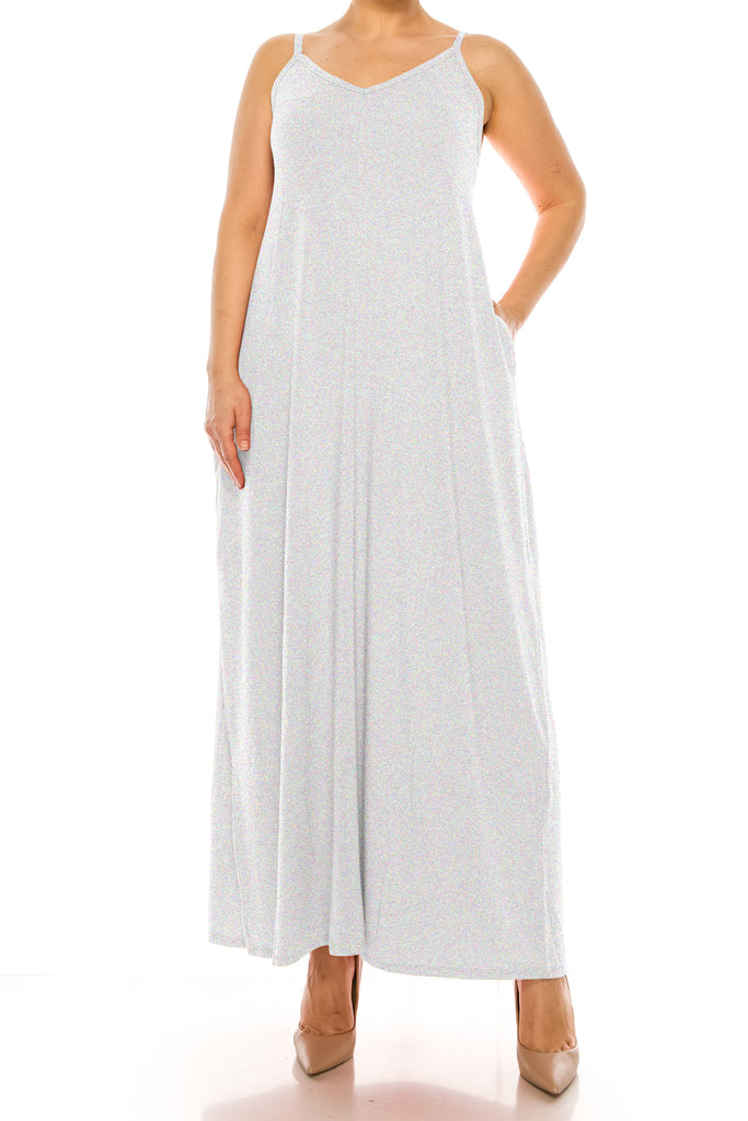 Women's Plus Size Casual Loose V-neck Sleeveless Long Cami Maxi Dress With Side Pocket - FashionJOA