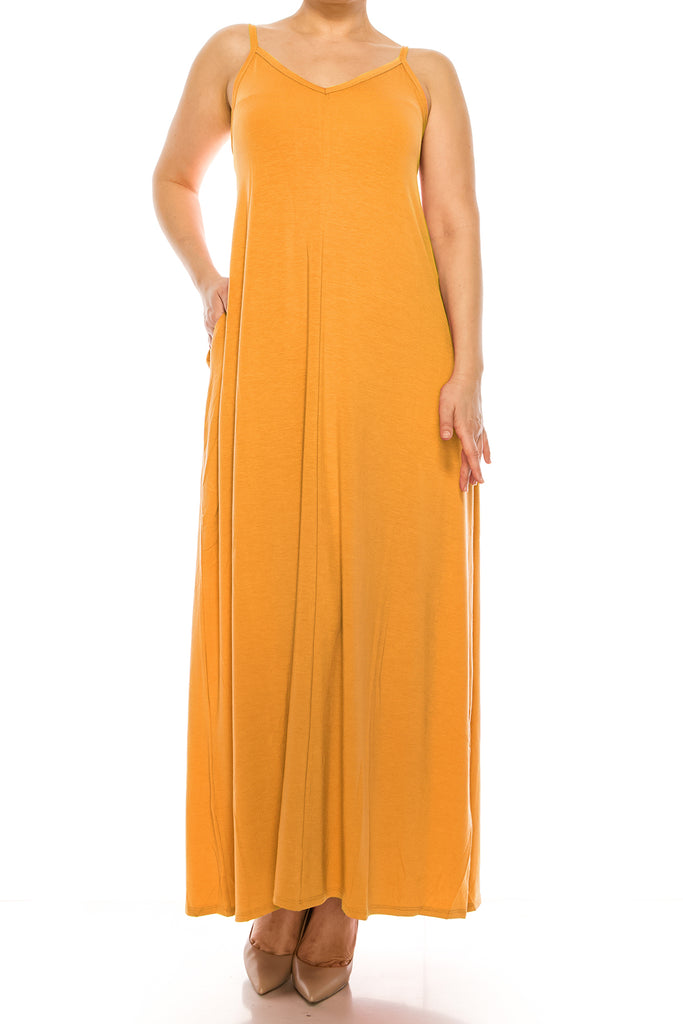 Women's Plus Size Casual Loose V-neck Sleeveless Long Cami Maxi Dress With Side Pocket - FashionJOA