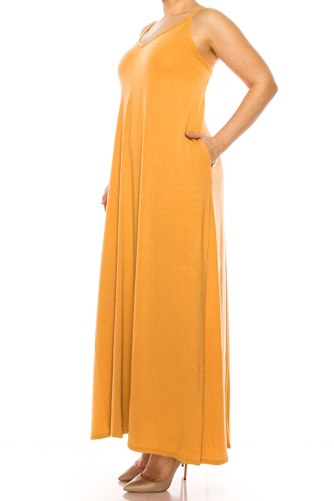 Women's Plus Size Casual Loose V-neck Sleeveless Long Cami Maxi Dress With Side Pocket - FashionJOA