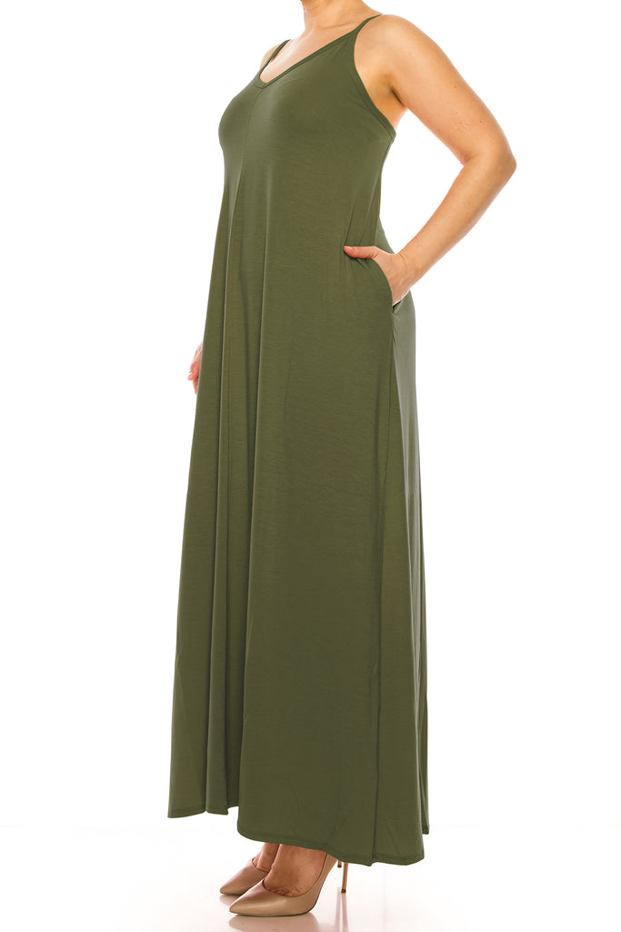 Women's Plus Size Casual Loose V-neck Sleeveless Long Cami Maxi Dress With Side Pocket - FashionJOA