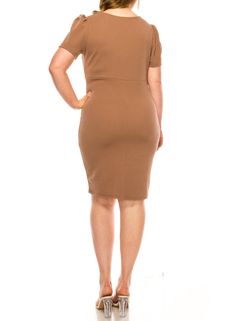 Women's Plus size Solid Sheath Dress with a Deep V-Neckline and Puff Sleeves - FashionJOA