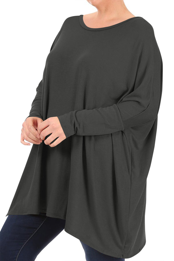 Women's Plus Size Oversized Long Sleeve A-Line Casual Solid Relaxed T-Shirt Tunic Top - FashionJOA