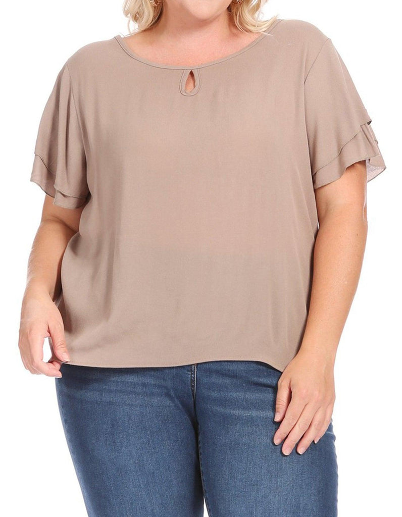 Plus Size Solid Flowy Short Flutter Sleeve Round Neck Key Hole Tee Blouse Top FashionJOA