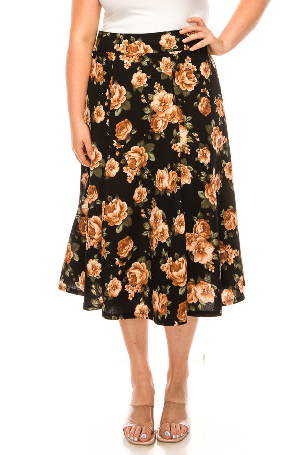 Plus size, Floral print, A-line midi skirt FashionJOA