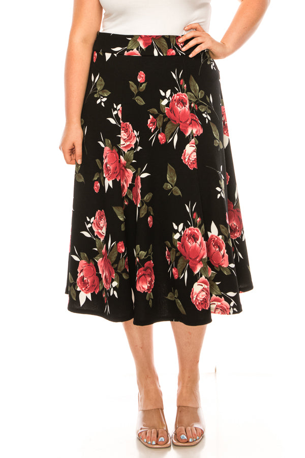 Plus size, Floral print, A-line midi skirt FashionJOA